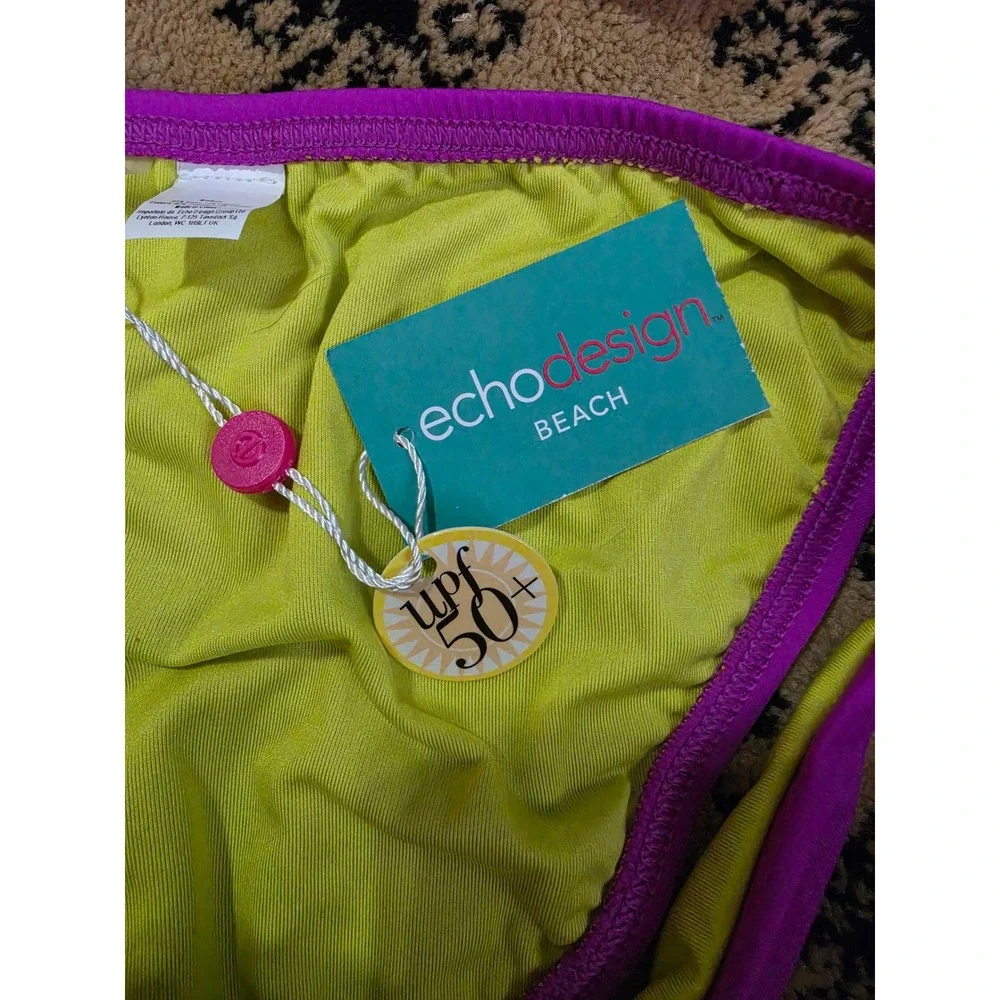 Echo Design Beach Purple Lime Green Triangle Bikini Set UPF 50+ NWT Medium